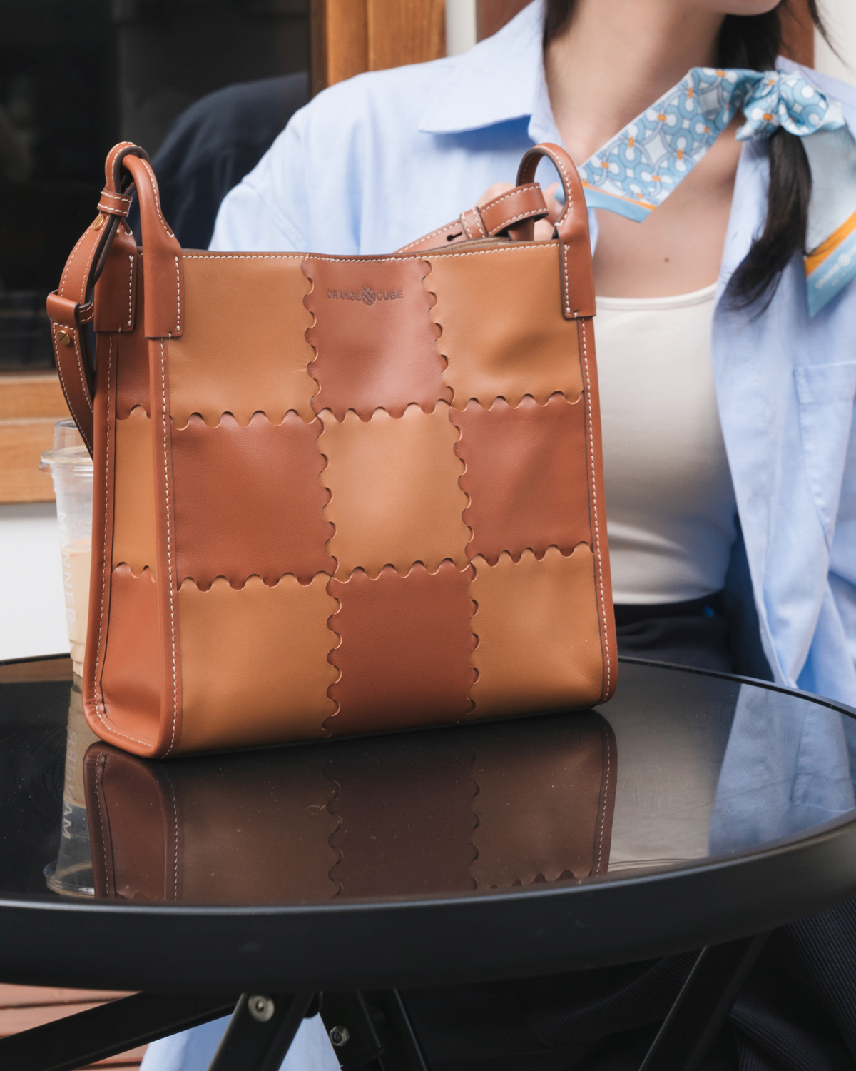 Medium Square Stitch Tote Bag - Brown and Latte