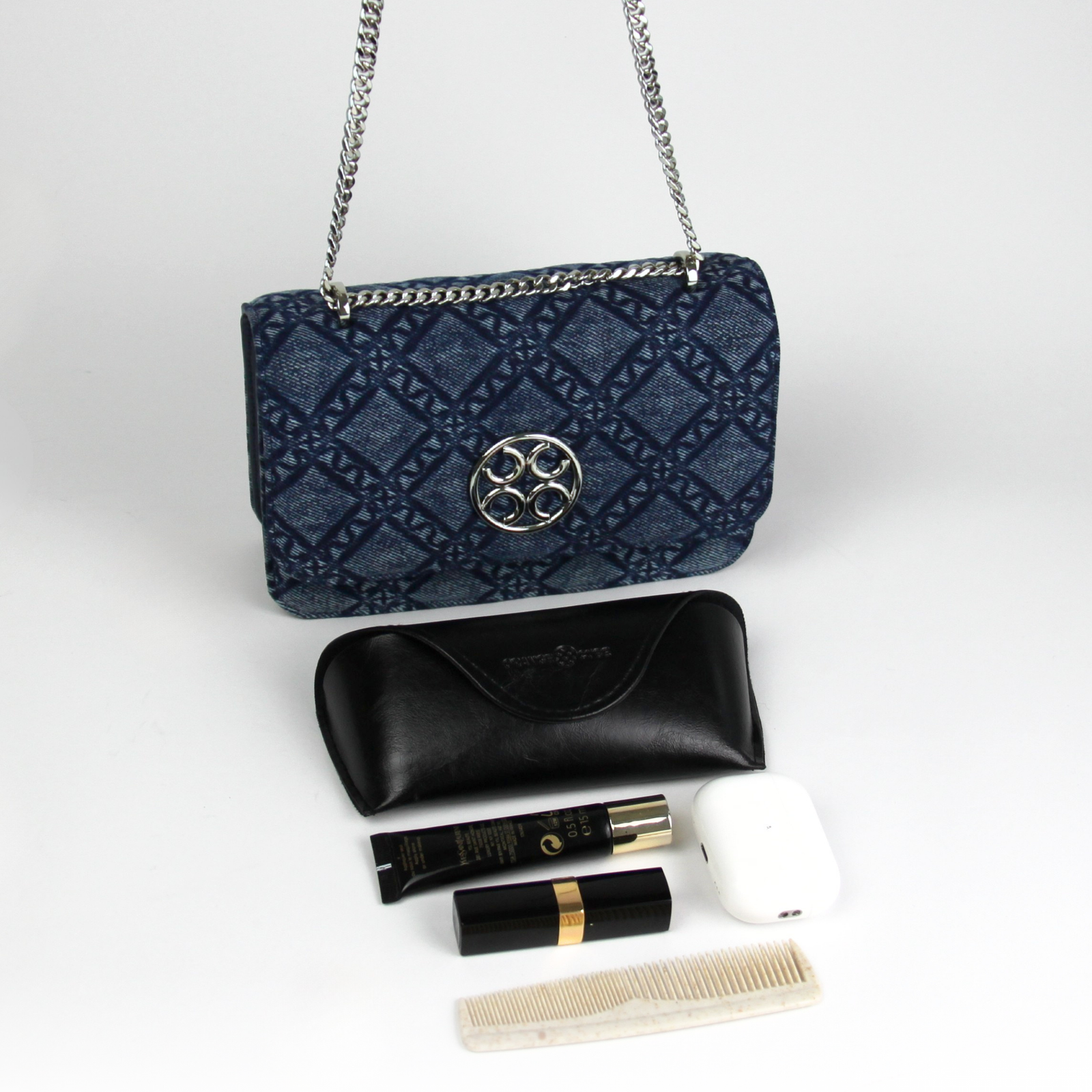 What fits inside Mosaic Urban Crossbody Bag - Denim Blue