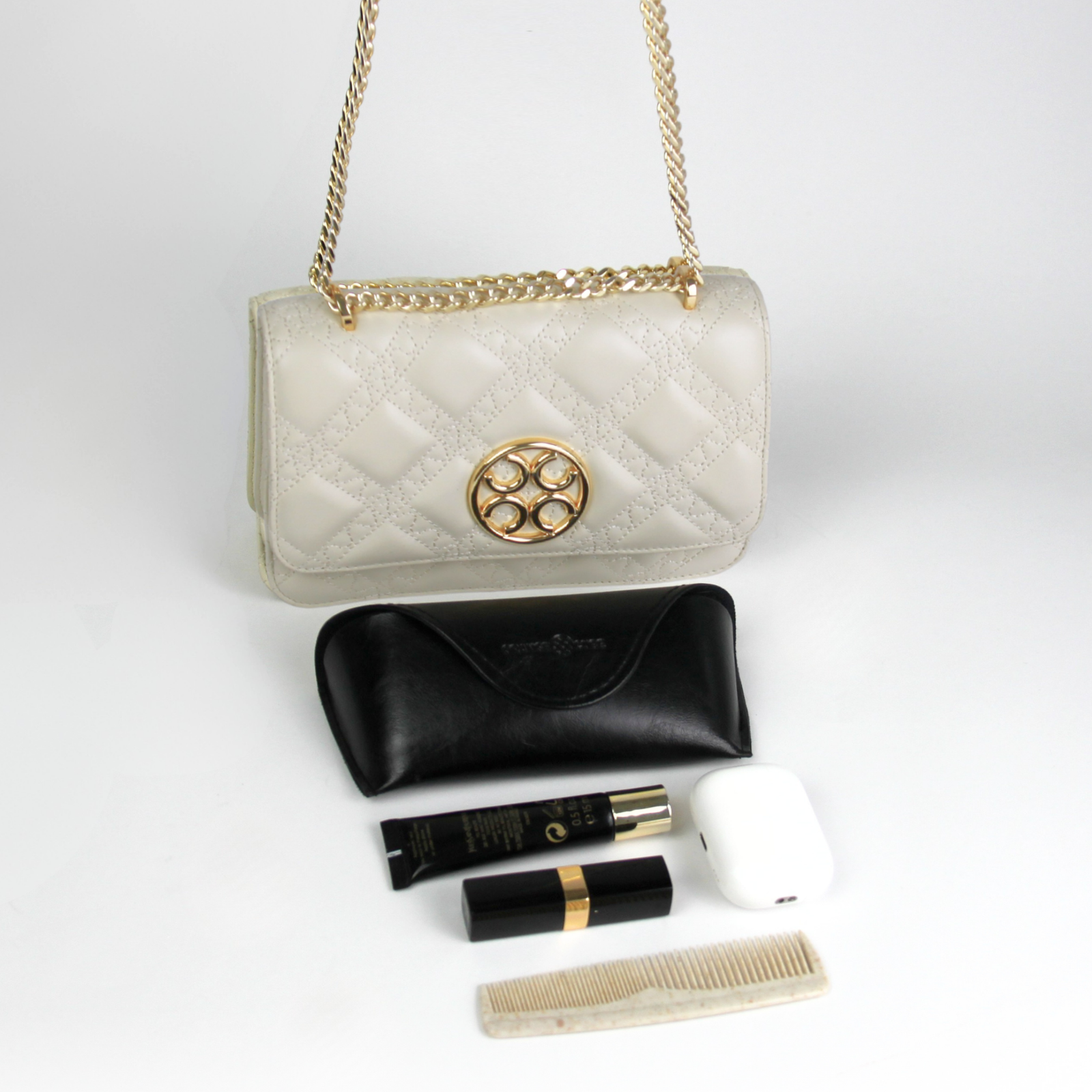 What fits inside Mosaic Stitch Crossbody Bag - Pearl