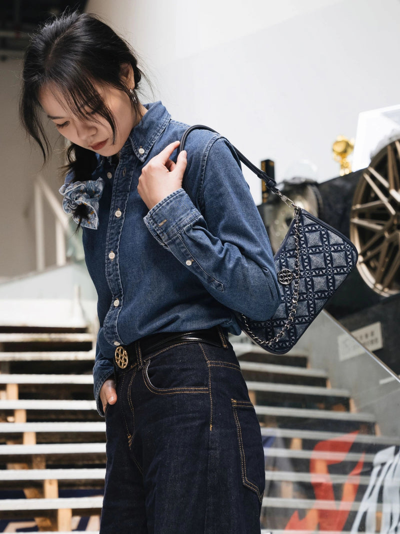 Fantina Quilted Shoulder Chain Strap Bag - Denim Blue - Bag | Orange Cube