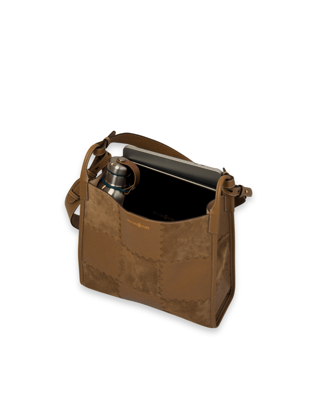 Large Mosaic Square Stitch Tote Bag - Honey Brown - Large Brown Leather Work Tote | Orange Cube