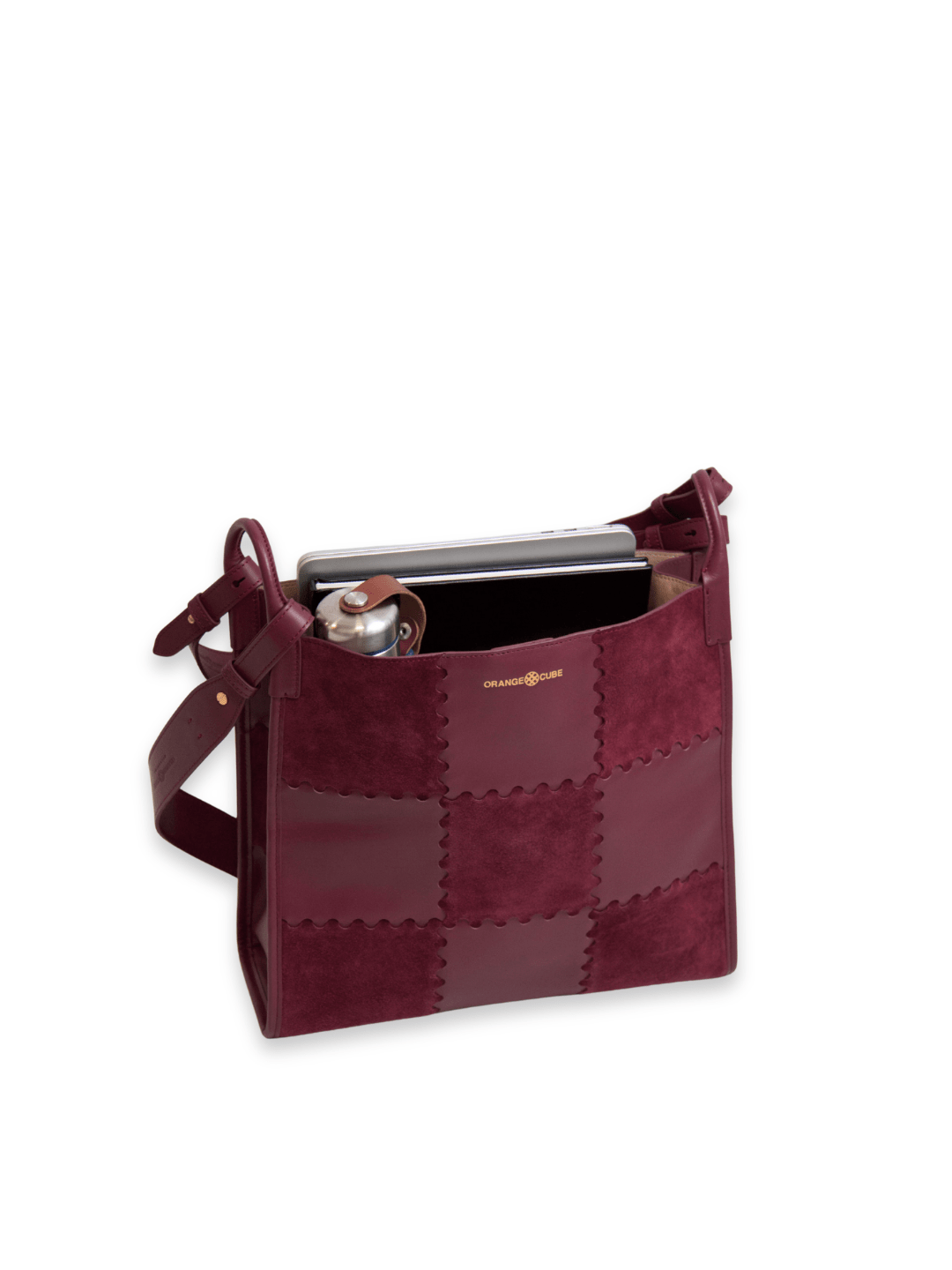 Large Square Stitch Tote Bag - Bordeaux Red - Red Leather Women Messenger Bag | Orange Cube