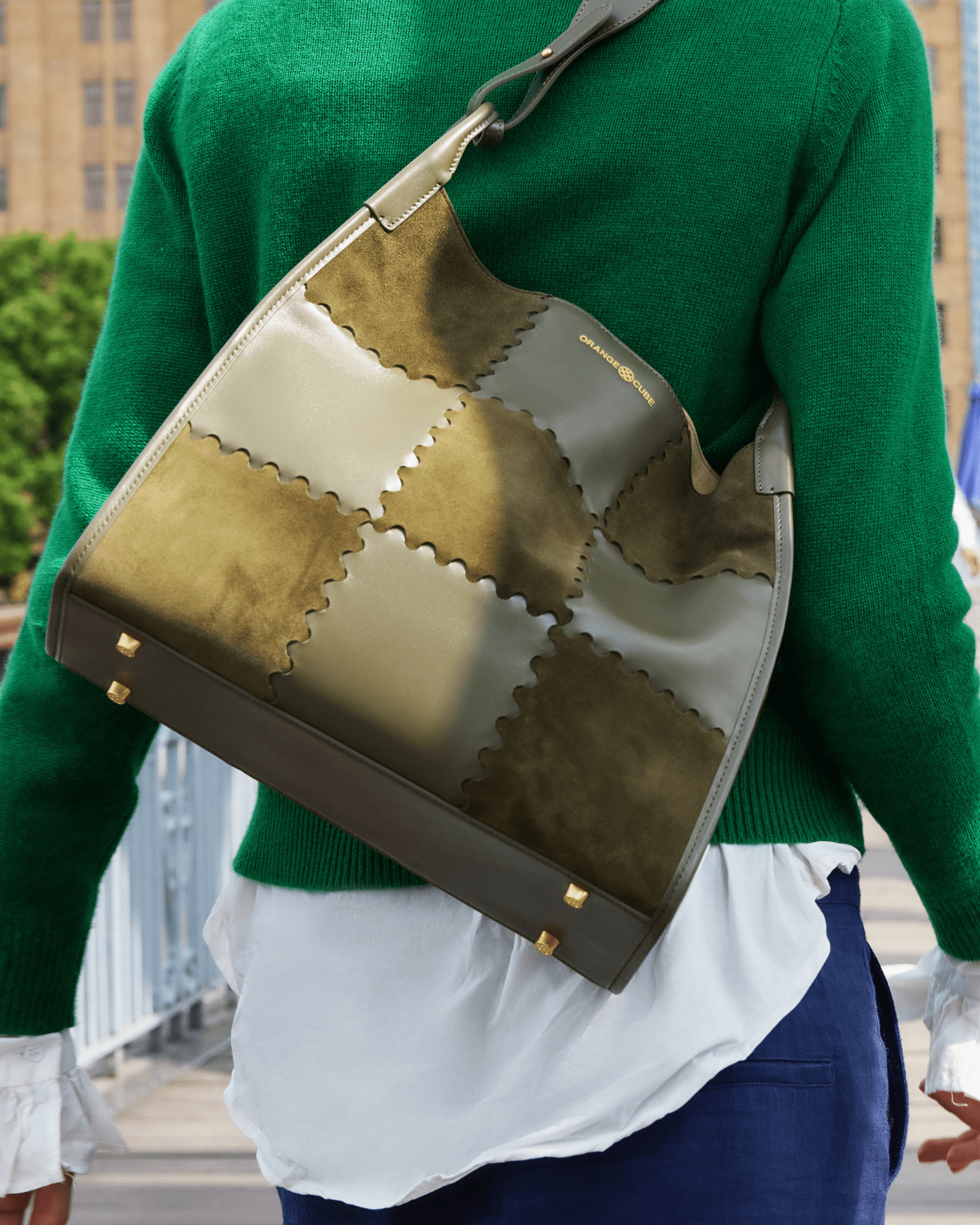 Large Square Stitch Tote Bag - Moss and Olive Green - Bag | Orange Cube