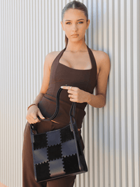 Medium Square Stitch Tote Bag - Black - Black Leather Tote for Women | Orange Cube