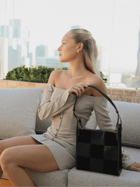 Medium Square Stitch Tote Bag - Black - Black Leather Tote for Women | Orange Cube