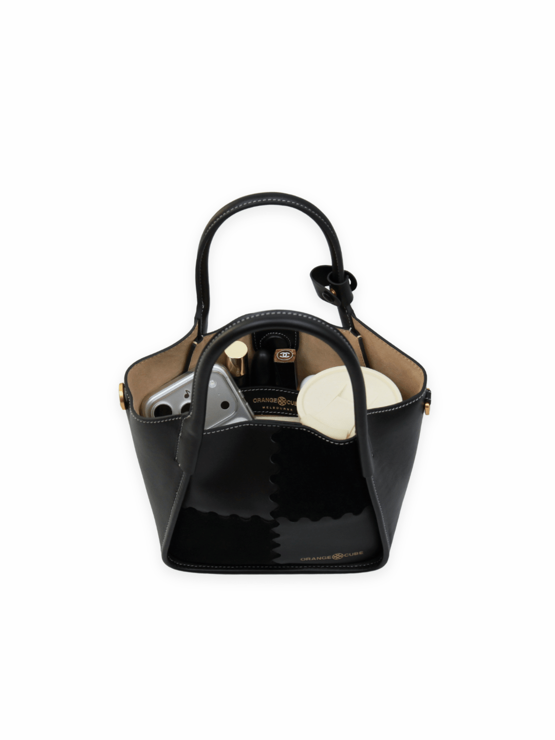 Square Stitch Basket Bag - Black - Black Leather Mini Basket Tote | Orange Cube