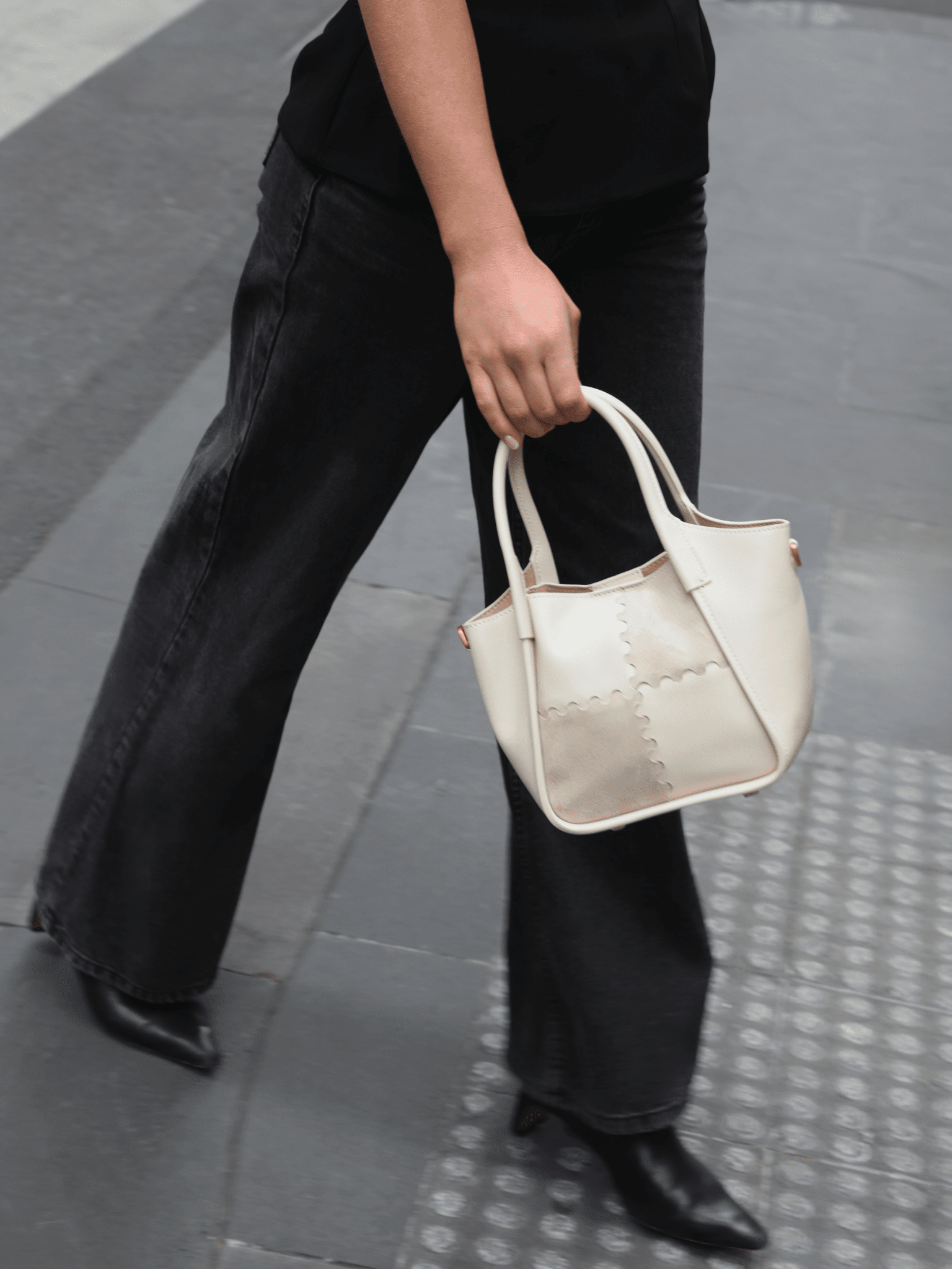 Square Stitch Basket Bag - Cream and Grey - Bag | Orange Cube