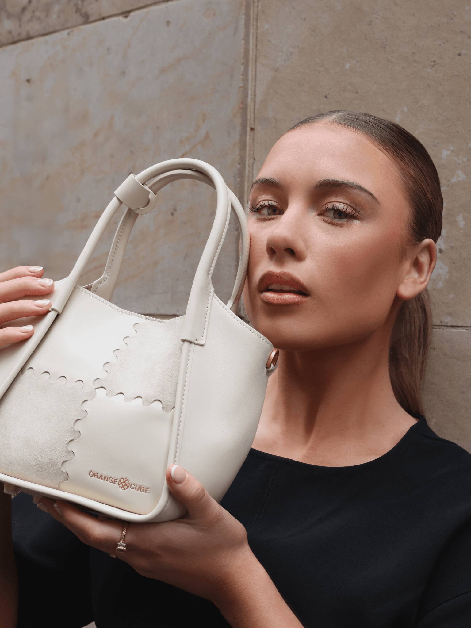 Square Stitch Basket Bag - Cream and Grey - Bag | Orange Cube