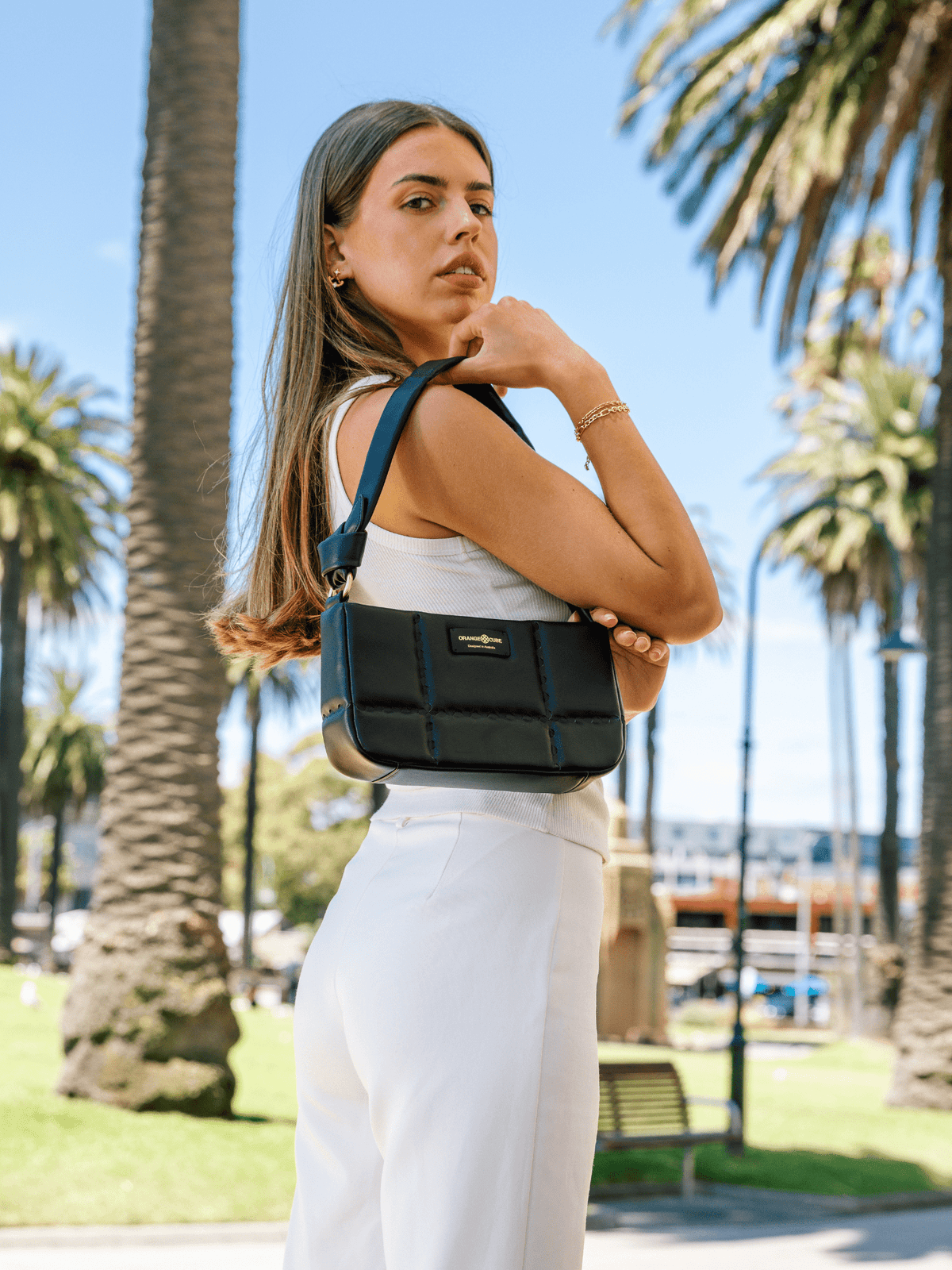 Square Stitch Cushion Shoulder Bag - Black - Bag | Orange Cube