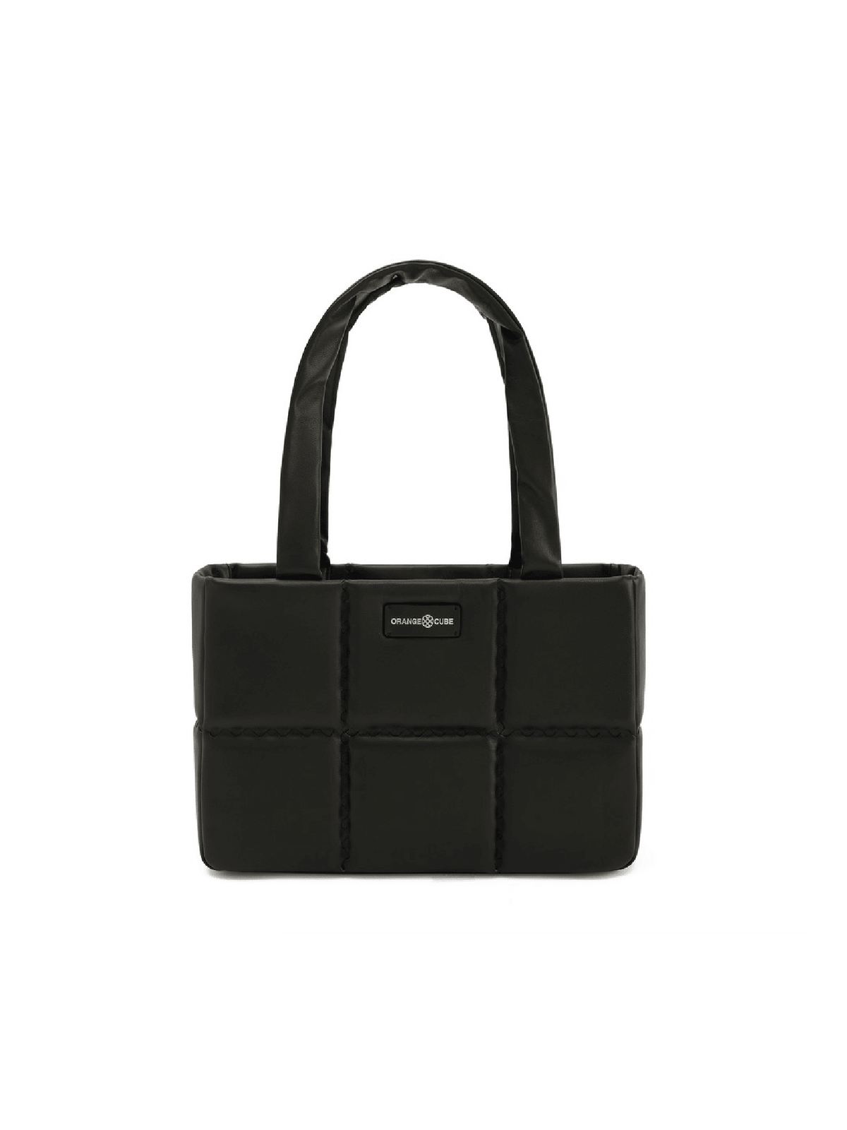 Square Stitch Cushion Tote - Black - Black Leather Square Tote Bag | Orange Cube