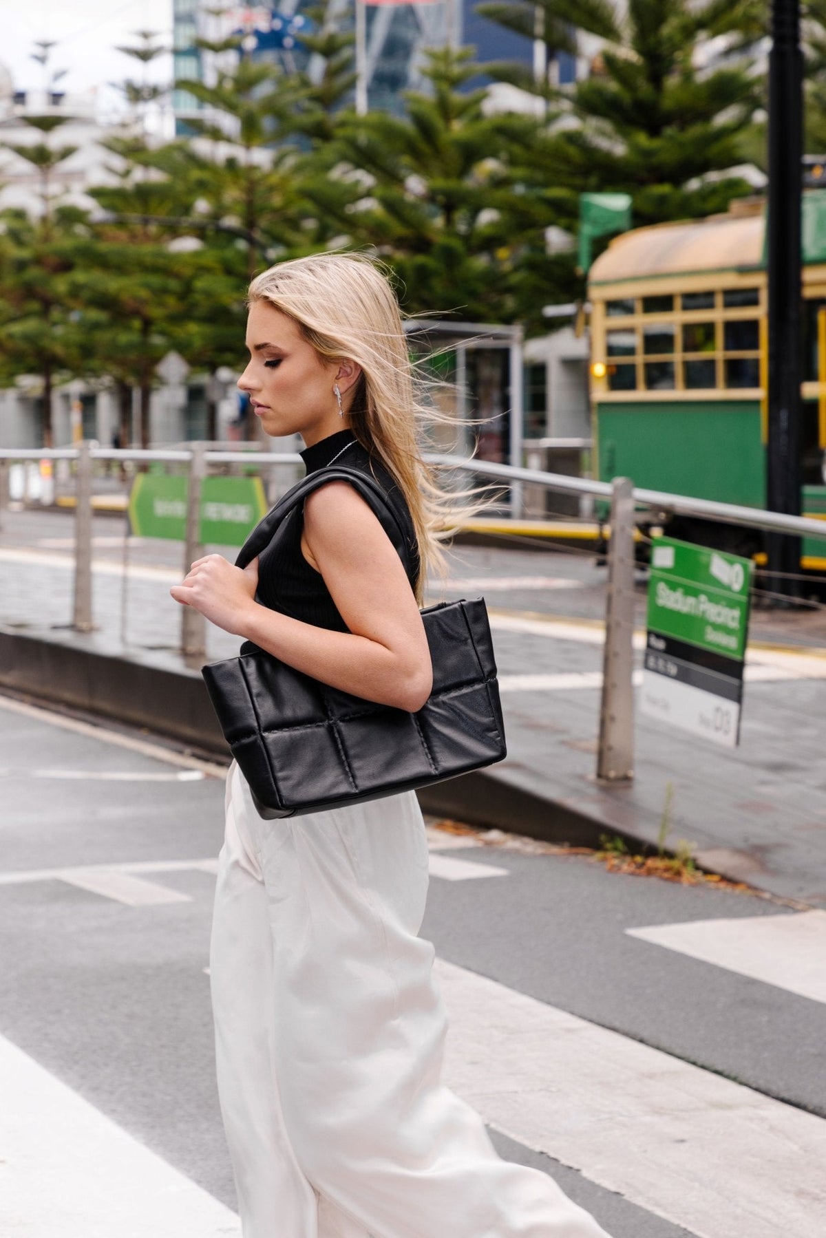 Square Stitch Cushion Tote - Black - Black Leather Square Tote Bag | Orange Cube