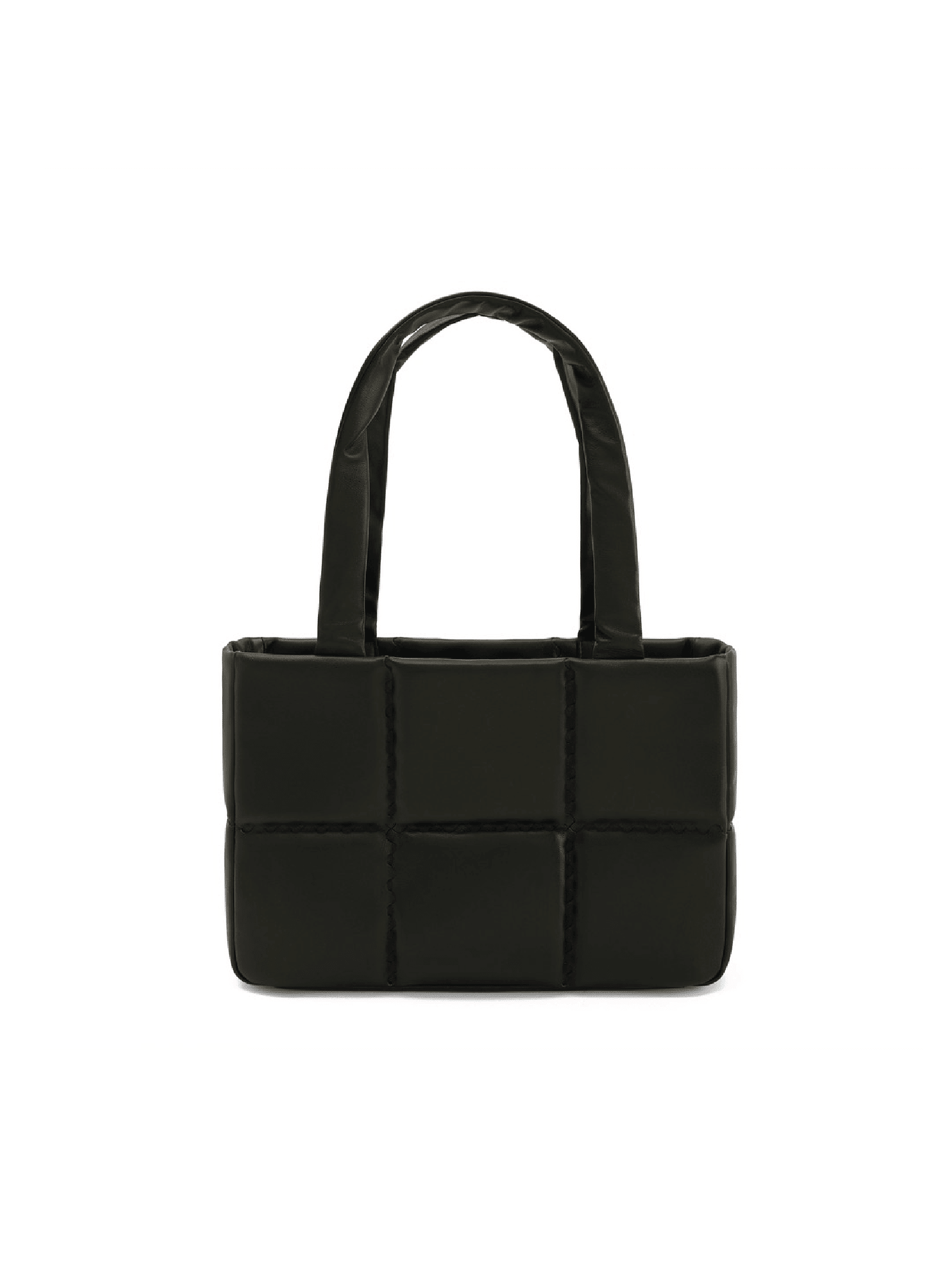 Square Stitch Cushion Tote - Black - Black Leather Square Tote Bag | Orange Cube
