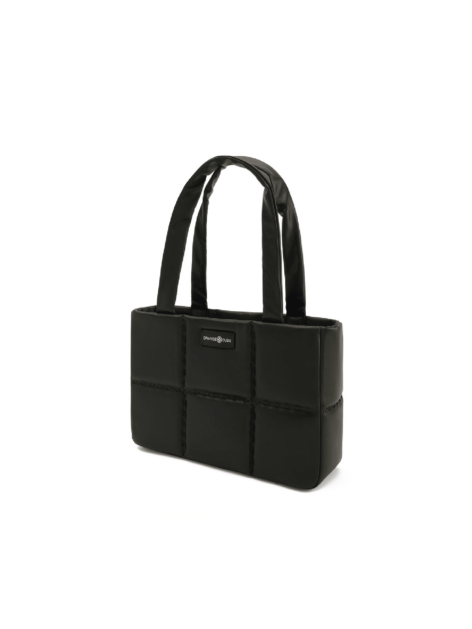 Square Stitch Cushion Tote - Black - Black Leather Square Tote Bag | Orange Cube