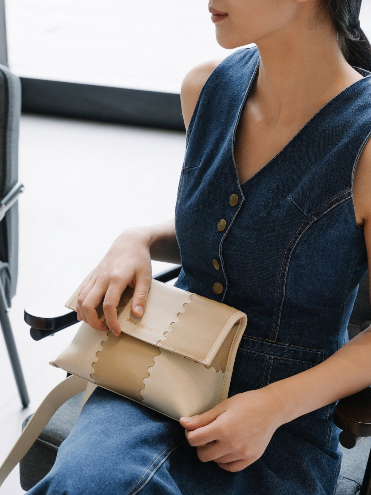 Square Stitch Messenger Bag - Cream and Beige - Bag | Orange Cube