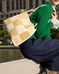 Square Stitch Tote Bag (Large) - White/ Light Brown - White Leather Work Tote | Orange Cube