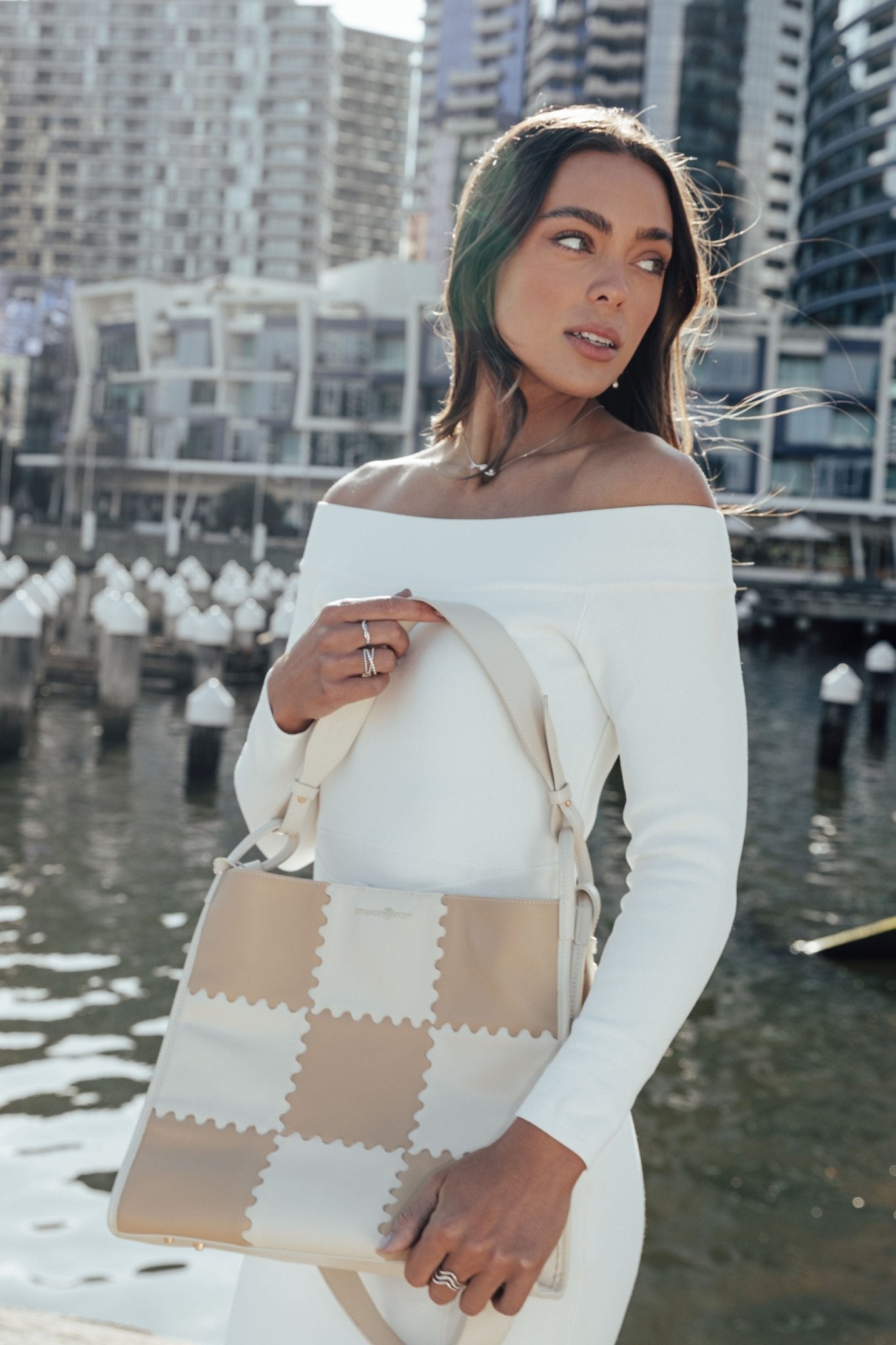 Square Stitch Tote Bag (Large) - White/ Light Brown - White Leather Work Tote | Orange Cube