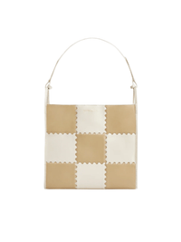 Square Stitch Tote Bag (Large) - White/ Light Brown - White Leather Work Tote | Orange Cube