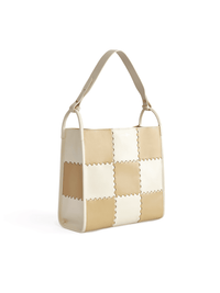 Square Stitch Tote Bag (Large) - White/ Light Brown - White Leather Work Tote | Orange Cube