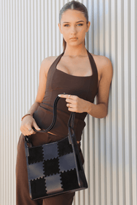 Square Stitch Tote Bag (Medium) - Black - Black Leather Tote Bag | Orange Cube