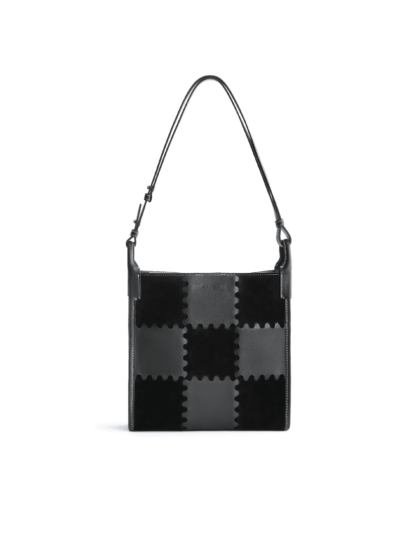 Square Stitch Tote Bag (Medium) - Black - Black Leather Tote Bag | Orange Cube