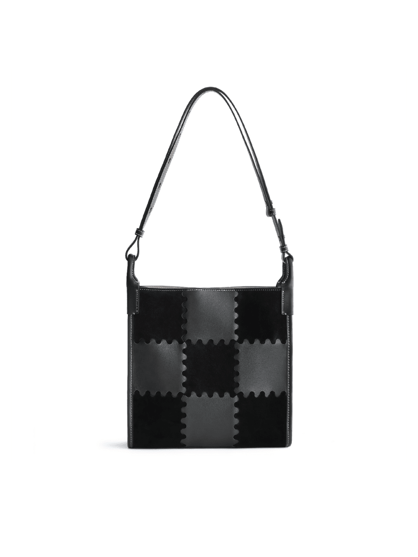 Square Stitch Tote Bag (Medium) - Black - Black Leather Tote Bag | Orange Cube