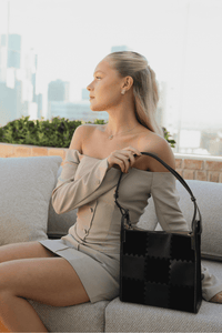 Square Stitch Tote Bag (Medium) - Black - Black Leather Tote Bag | Orange Cube